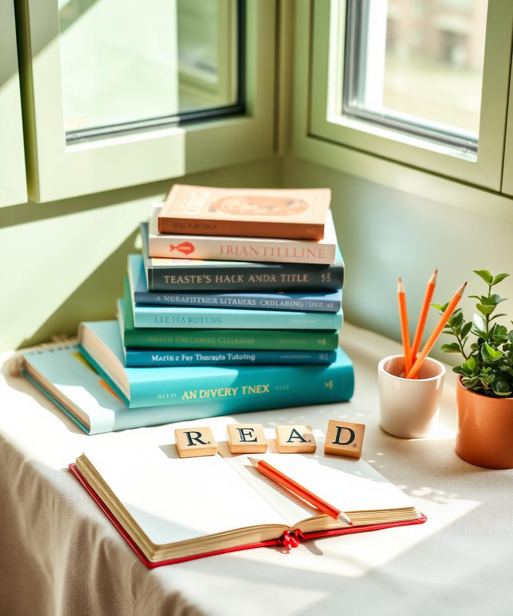 Children's books, wooden letter tiles spelling READ, and a notebook in a cozy learning nook